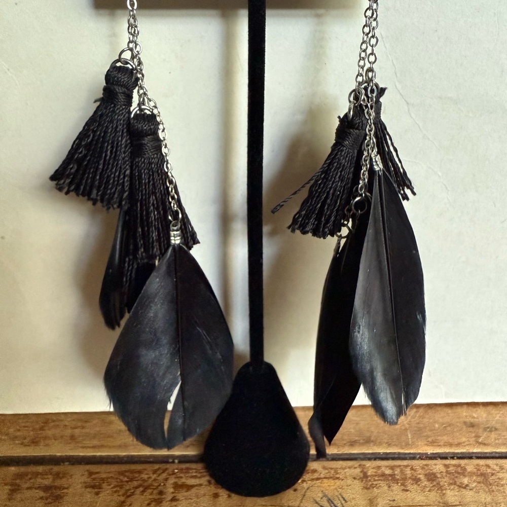 Chic Black Feather and Black Tassel Earrings - Picture 1 of 14